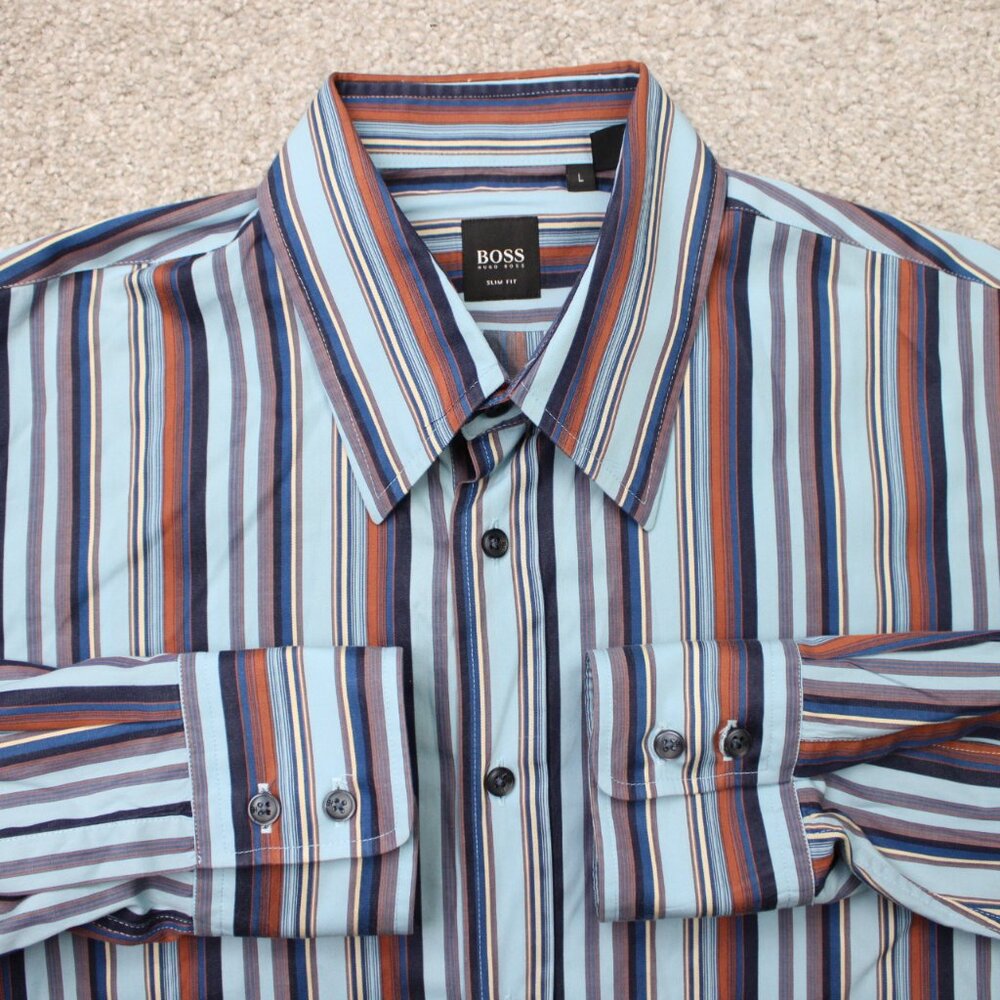 BOSS‎ Hugo Boss Shirt Mens Large Blue/Red Striped Slim Fit Long Sleeve Cotton